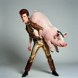 david bowie from changes giving a piggy back ride to ziggy stardust. in the style of marcel duchamp.