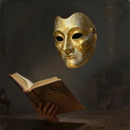 Magic Floating Thespian Mask reading a book, no body, bodyless, Ivan Aivakovsky, Boris Vallejo, epic fantasy character art, D&D Concept Art, full length, Realistic, Regal, Refined, Detailed Digital Art, Oil Paining, Exquisite detail, post-processing, masterpiece, Cinematic Lighting, Unreal Engine, 8k, HD, Stanley Artgerm Lau, WLOP, Rossdraws, Frank Frazetta, Andrei Riabovitchev, Marc Simonetti, trending on artstation