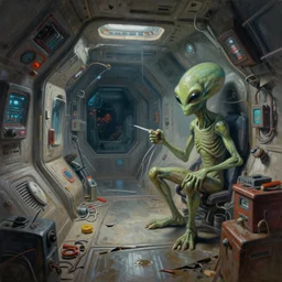 painting of hungry aliens by dinner in dirty broken interior of futuristic spaceship with amount of electromagnetic devices and tools, sharp edges, deep displacement, reflections, raytracing, raymarching, subsurface scattering, digital art, painted by geoffroy thoorens