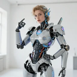 blissful tia carrere with solarpunk mecha humanoid robotic parts with bright led lights, real human face, pudica pose gesture, by michelangelo, in white room, ultra - realistic and intricate, portrait shot 8 k