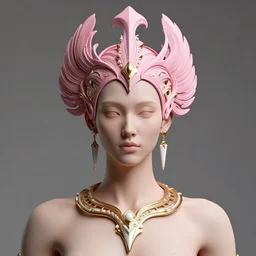 dramatic studio portrait of a beautiful flawless symmetrical man wearing intricate otherworldly gold and white jewelry and wearing an ornate elegant pink headdress, hyper realism, very detailed, featured on zbrush central, rendered in cinema 4 d, minimalism, abstract art, f / 2. 8