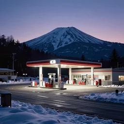 a gas station on a snowy road with a mountain in the background, twilight, a photo by Itō Ogura Yonesuke, pixiv, precisionism, provia, velvia, photo taken with provia