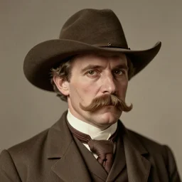 A photograph portrait of Jerma985 as a cowboy with a pyramidal mustache in the late 1800s, taken in the late 1800s, 1870s, grainy, taken on a Field View Camera, realistic, hyperrealistic, very realistic, highly detailed, very detailed, extremely detailed, detailed, digital art, trending on artstation