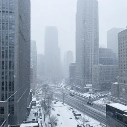 snowstorm in a city, cyberpunk, award winning photography, detailed, high quality
