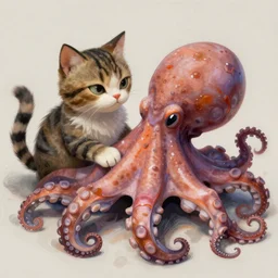 the unholy merging of a cat and octopus, digital painting, matte finish, detailed, 4 k, colorful