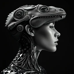 a profile portrait, a stunning young woman - cyborg with a mutant lizard head, editorial photography, bw, by roman sustov, by hr giger, shot on 7 0 mm, depth of field, f / 2. 8, high contrast, 1 6 k, volumetric lighting, shiny, insanely detailed and intricate, hypermaximalist, elegant, ornate