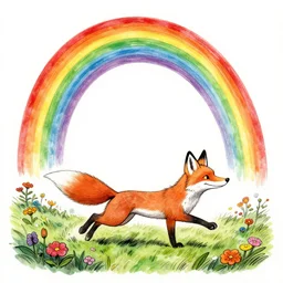 fox, by ralph steadman, ink, rainbow, hypertorus, happy accidents, in a symbolic and meaningful style, running through a meadow, full of colorful flowers