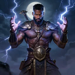 a highly detailed illustration of Jamie Foxx as a bearded short fade hair african warrior god of lightning, evil summoning lightning from hands pose, moonlit clouds background, muscular, intricate, elegant, highly detailed, centered, digital painting, artstation, concept art, smooth, sharp focus, league of legends concept art, WLOP