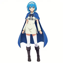 a blue-haired traveller, alchemist girl, short hair, wearing a headband, short pale tunic and white stockings, high boots, azure cape, anime character; in the Japanese fantasy videogame; character concept art; trending on artstation, highly detailed, clean lineart, vector line art, clean, by Ilya kuvshinnikov