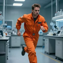 a man in an orange jumpsuit running through a laboratory,digital art,art by greg rutkowski,ross tran,artstation,deviantart,photorealistic,hyperdetailed,detailed face,dramatic,cinematic,high quality,studio photograph