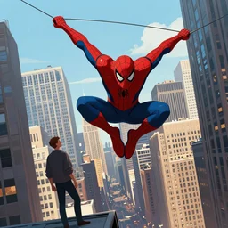three - point perspective illustration of spiderman swinging across manhattan, by kim jung gi, paul heaston, panaromic view. extremely wide angle shot, trending on art station, 4 k, vibrant lighting