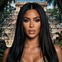 detailed portrait of kim kardashian in mayan pyramid jungle ruins by rudolf ernst, john frederick lewis, jean - leon gerome, rudolf weisse, david roberts