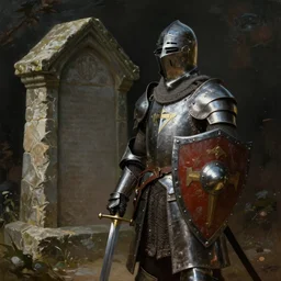 A lone knight in front of a stone tomb with a sturdy shield and shiny sword by mark brooks