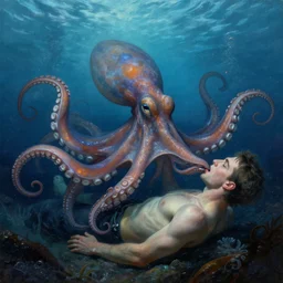 a dream fantasy painting of a octopus eat a man in the deep of the ocean, by beksinki, giger, greg rutkowski, carne griffith trending on artstation, deviantart, photorealism