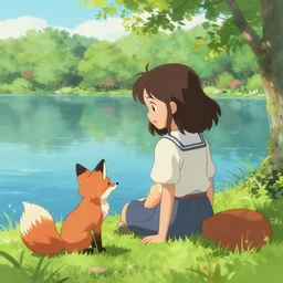 a young girl and her pet fox sit by the beautiful lake, illustration by greg rutkowski, thomas kindkade, artstation, furaffinity, deviantart, furry art