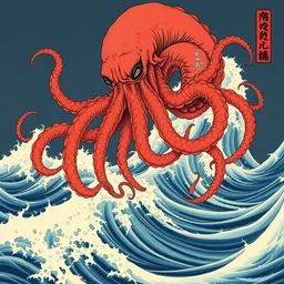 cthulhu on the ocean, painting by katsushika hokusai