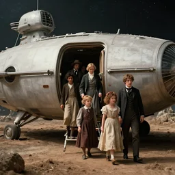 70mm still from a sci fi blockbuster movie, set in 1860, of a family leaving a spaceship, that has just landed on an alien planet, wearing 1850s era clothes, good lighting, 4k, HD, in focus, detailed