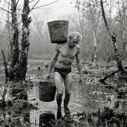 movie still by tarkovsky of an skinny old man carrying a bucket in a mossy swamp with water, cinestill 8 0 0 t 3 5 mm b & w, heavy grain, high quality, noir, natural textures, photorealistic, ambient occlusion, hd, mud, fog, ultra wide lens, anamorphic