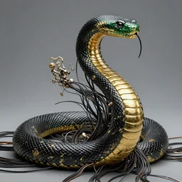 baroque, snake by iris van herpen, black, emerald, gold biomechanical details, epic bionic cyborg snake implants, masterpiece, intricate, biopunk, vogue, highly detailed, artstation, concept art, octane render a lot of cables and wires around, by ayami kojima, by francis bacon, by amano, by karol bak, greg hildebrandt, by mark brooks,