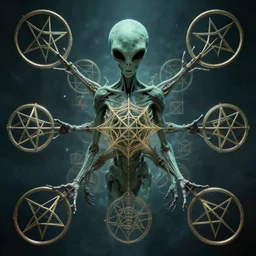 alien surrounded by floating pentagrams, beksinski, dariusz zawadzki, symmetrical, very coherent symmetrical artwork, cinematic, hyper realism, high detail, octane render, 8 k