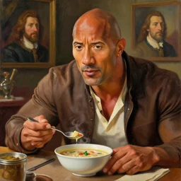 Dwayne Johnson eating soup with Indiana Jones, painted by Sargent, painted by Thomas Kinkade, painted by Rembrandt, matte painting, trending on artstation