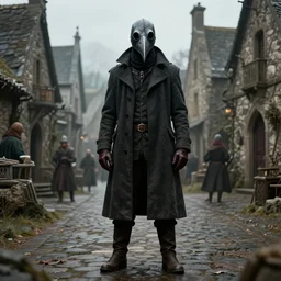 A man draped in a ankle-length overcoat with leather gloves and boots wearing a bird-like beak mask in a medieval village by Greg Rutkowski, Bloodborne, 4k photorealistic, volumetric lighting, HD, high details, dramatic, trending on artstation