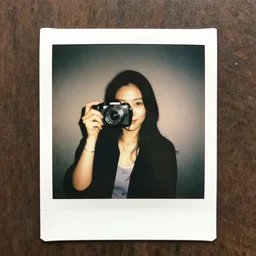 a woman holding a camera and posing for a picture, a polaroid photo by liam wong, flickr, art photography, lomo, dslr camera, dslr