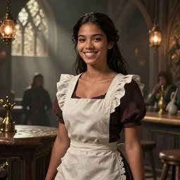 female tavern maid, smile, dark hair, tanned, beautiful, stunning, detailled, by luis royo, by pixar, by myazaki, game of thrones, gothic, final fantasy, fantasy, medieval
