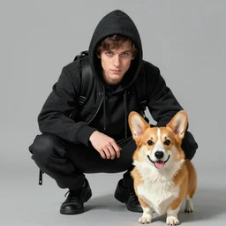Eric Wareheim as a hacker with a corgi, digital painting, 4k, anime key visual, artstation, kuvshinov ilya