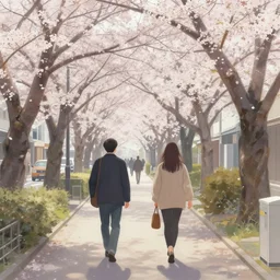 walking from naka - meguro, tokyo. volumetric lighting, spring afternoon, overcast weather, realistic illustration, perfectly shaded, soft painting, art by krenz cushart and wenjun lin
