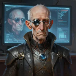 an epic fantasy comic book style portrait painting of an old thin man with a sad smart face, metal monocle and futuristic clothing, standing in front of a computer simulation, intelligent face, sci - fi, intricate, elegant, highly detailed, digital painting, artstation, concept art, matte, sharp focus, illustration, art by artgerm and greg rutkowski and jim burns
