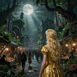 blonde in golden dress looking at a hyper realistic arkham horror city, crowded market street overtaken by lush plants, tentacles, lovecraft, full moon, light rays, gnarly trees by tom bagshaw, mucha, gaston bussiere, craig mullins, j. c. leyendecker 8 k