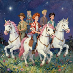 a painting of a group of hipster men riding unicorns, a storybook illustration by Lisa Frank, featured on pixiv, magical realism, irridescent, storybook
