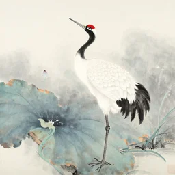 a beautiful painting lotus crane, by zhangda qian painting