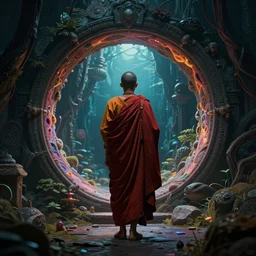 photorealistic illustration of a monk discovering a portal to the deep, octane render, 8 k, cinematic lighting, exquisite details, dark atmosphere, psychedelic, 1 9 6 0 s