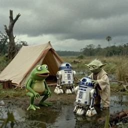 on dagobah, pepe the frog and r 2 d 2 set up camp, marooned after crash - landing in a swamp. they are surprised by yoda, a scene from'the empire strikes back ', wide angle shot, cinematic