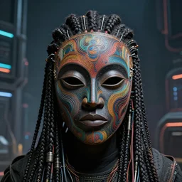 hyper realistic portrait of an intricately detailed african masked cyborg with lots of thick long braids and electrical cables in the middle of a broad cyberpunk background with lots of space all round, perfect face, fine details, colorful patterns, studio lighting, subtle shadows, art by tim okamura and karol bak, canon eos r 3, f / 1. 4, iso 2 0 0, 1 / 1 7 0 s, 8 k, raw, unedited, in - frame