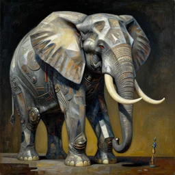 giant elephant of sci fi metallic human melancholic complex geometric figure liminal machinery mechanica by oskar schlemmer, moebius, john berkey, film grain, oil on canvas featured on artstation, hd wallpaper, 4 k
