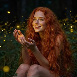 infp young woman, smiling, amazed by golden fireflies lights, sitting in the midst of nature fully covered, long loose red hair, intricate linework, green eyes, small nose with freckles, oval shape face, realistic, expressive emotions, dramatic lights mystical scene, hyper realistic ultrafine art by michael cheval, jessica rossier, boris vallejo, artgerm