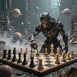 apocalyptic future city, a godlike creature is playing chess. the chess figures are planets. smoke. volumetric lighting, sharp focus, ultra detailed, cgsociety - w 1 0 2 4 - n 8 - i