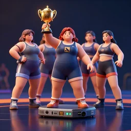 fat girls win dota cup with left hand in wrestling outfits, rtx, volumetric light, 3 d artist, reflections, artstation, intricate details, 4 k resolution