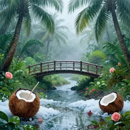 monsoon on tropical island, ornate, beautiful, atmosphere, vibe, mist, coconuts, rain, wet, pristine, puddles, melting, dripping, snow, creek, lush, ice, bridge, forest, roses, flowers, by stanley artgerm lau, greg rutkowski, thomas kindkade, alphonse mucha, loish, norman rockwell