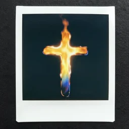 burning cross, fire in rainbow colors, polaroid