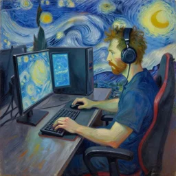 oil painting of a gamer computer gamer pc, oil in canvas, painted by van gogh