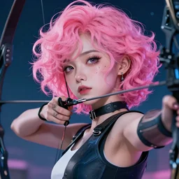 close up, attractive sports woman in archery, a grungy cyberpunk anime, very cute, by super ss, curly pink hair, night sky by wlop, james jean, victo ngai, highly detailed