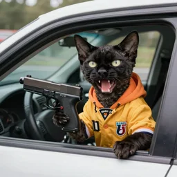 high quality photograph of a black furred devon rex cat holding a glock and wearing 9 0 s hip - hop clothes threatening you at the window of your car, you fear for your life as the cat with a glock is about to shoot you as it screams frantic meows at you