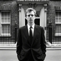 photograph of a british man in a suit int the style of karen knorr, daido moriyama, analogue photography, downing street, black and white, war on drugs