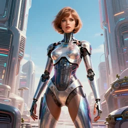attractive female android in feminine pose on a hyper-maximalist overdetailed retrofuturist scifi bookcover illustration from '70s. Inspired by shadowrun darkscifi utopia.. Biopunk, solarpunk style. Daytime. Made by echo chernik. Artstation.