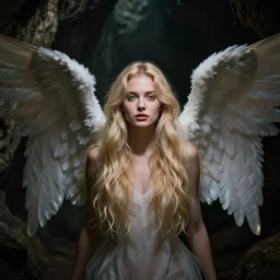 very pretty blond female angel with large wings in a dark cave, perfect symmetrical face, shallow depth of field, moody lighting, single point of light, 8 k, concept art, in the style of martina fackova,