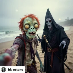 professional instagram selfie of a cheerful undead zombie at the beach next to their lich necromancer friend, misty bokeh background, 3 5 mm lens, wide - angle, post - processing, stunning 8 k octane render, masterpiece portrait, soft glow